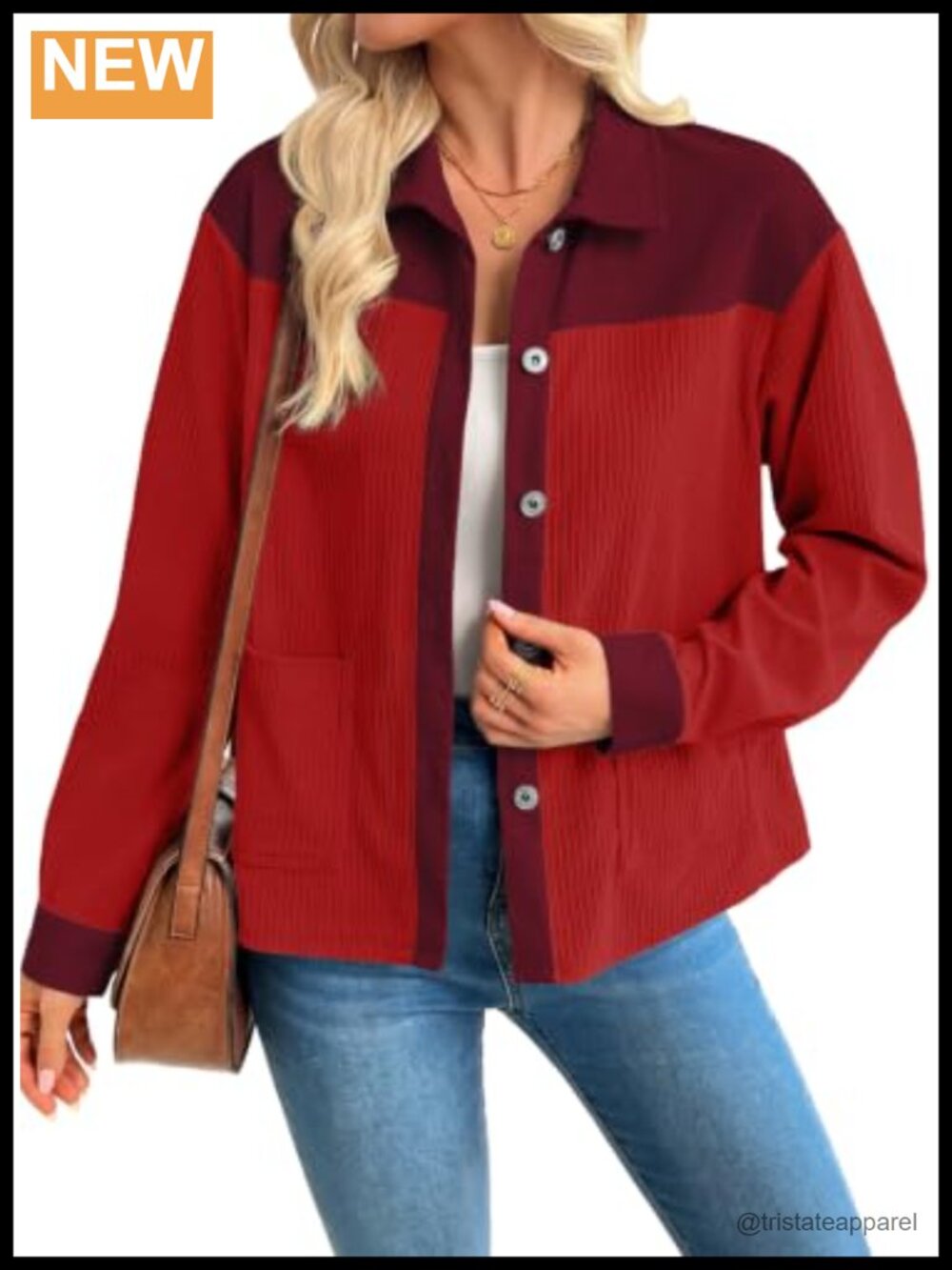 Corduroy Button Down Shacket with Collar Long Sleeve Patch Pockets Fall